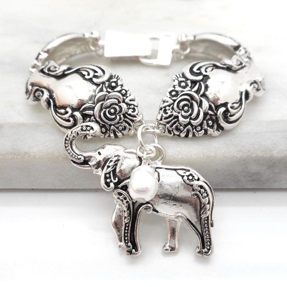 Elephant Cross Spoon Replica Bracelet Stretch Freshwater Pearl